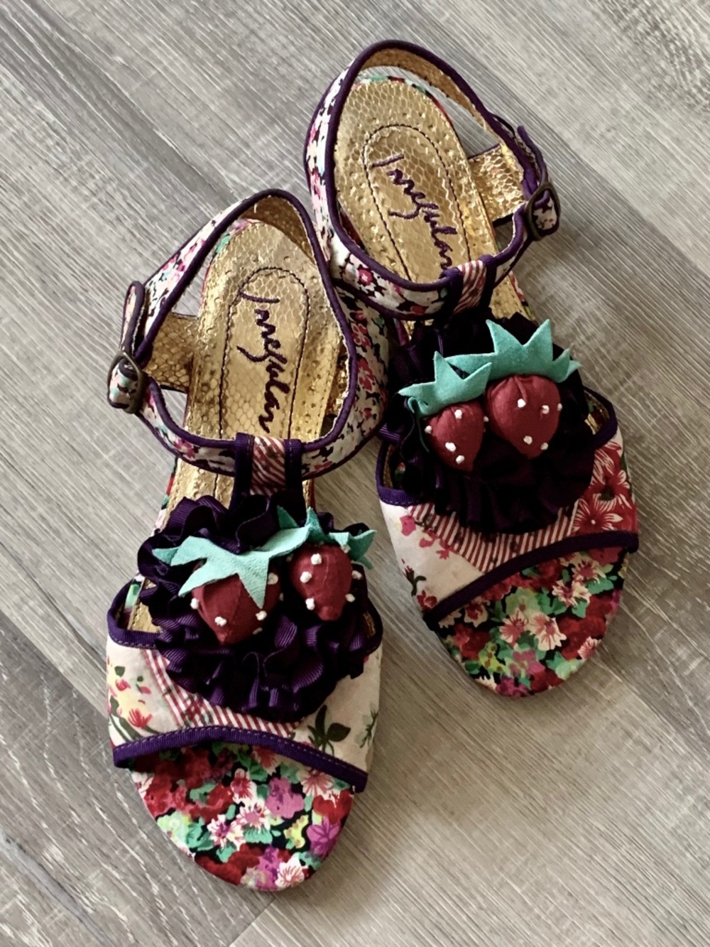 Irregular Choice Strawberry Raspberry Sandals Adjustable Straps Floral Gold 8.5